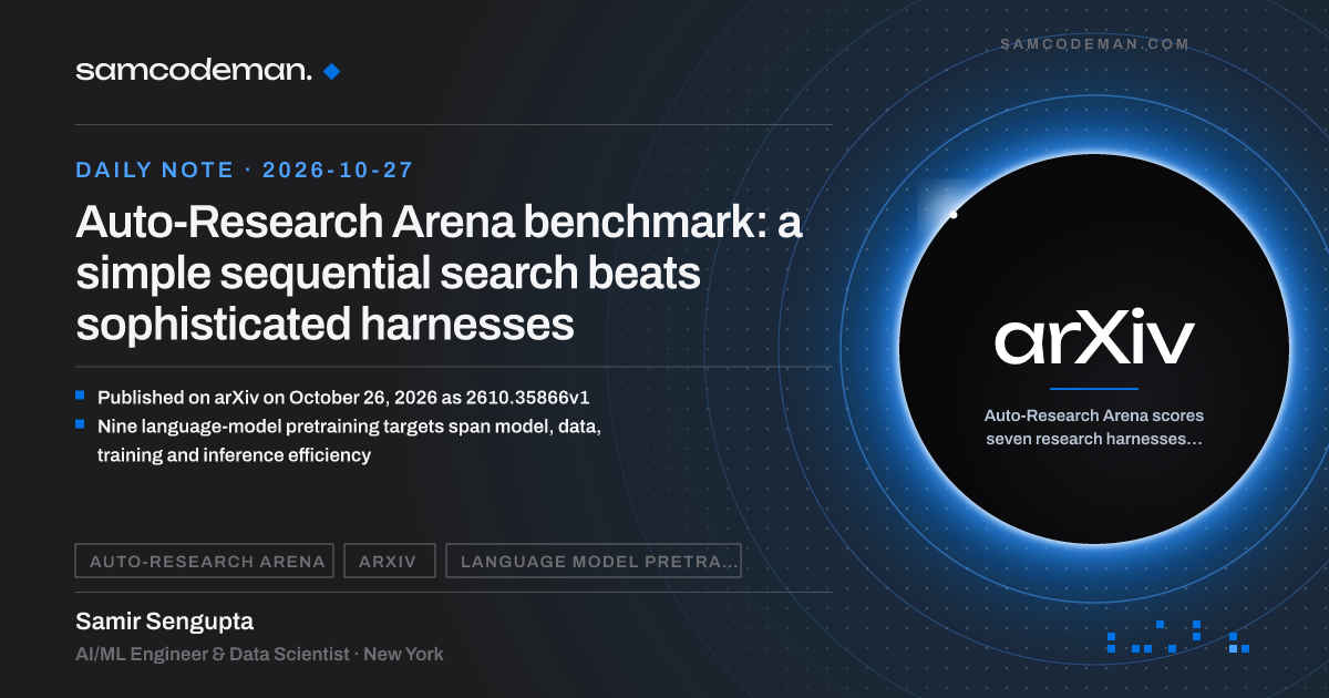 Auto-Research Arena benchmark chart: simple sequential search baseline beating sophisticated research agent harnesses