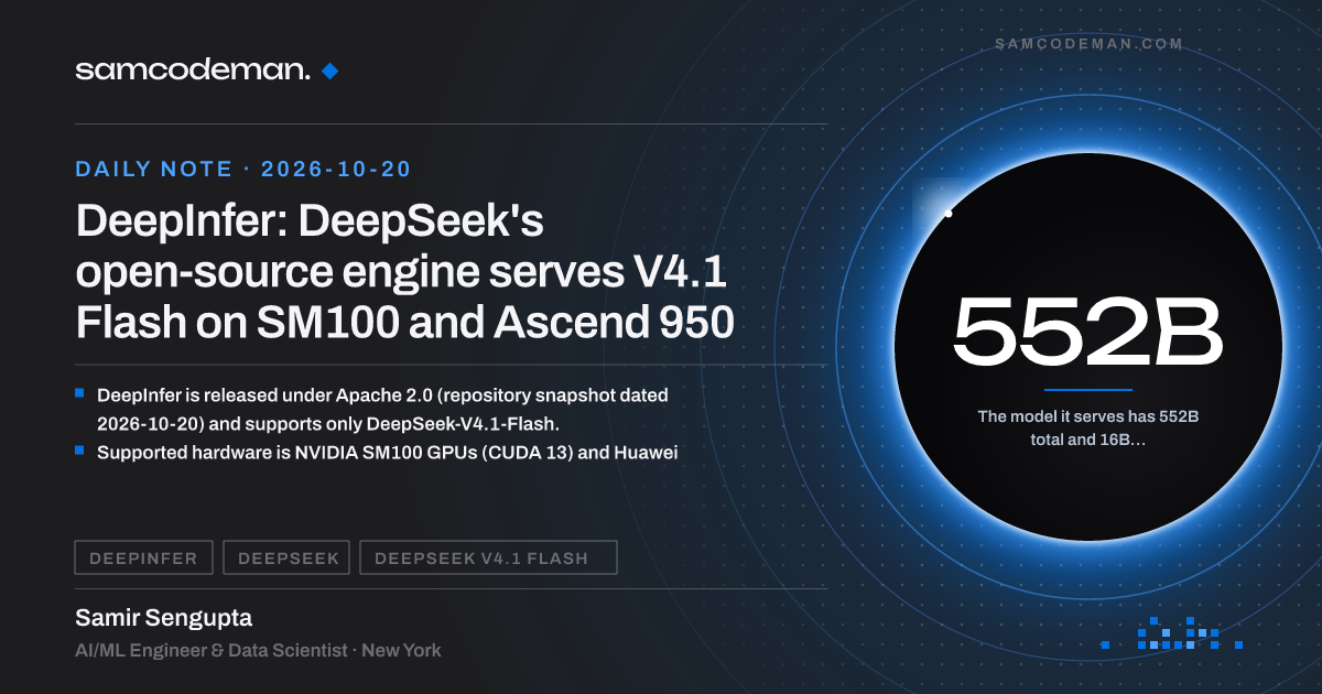 DeepSeek's open-source DeepInfer engine serving V4.1 Flash on NVIDIA SM100 GPUs and Huawei Ascend 950 NPUs