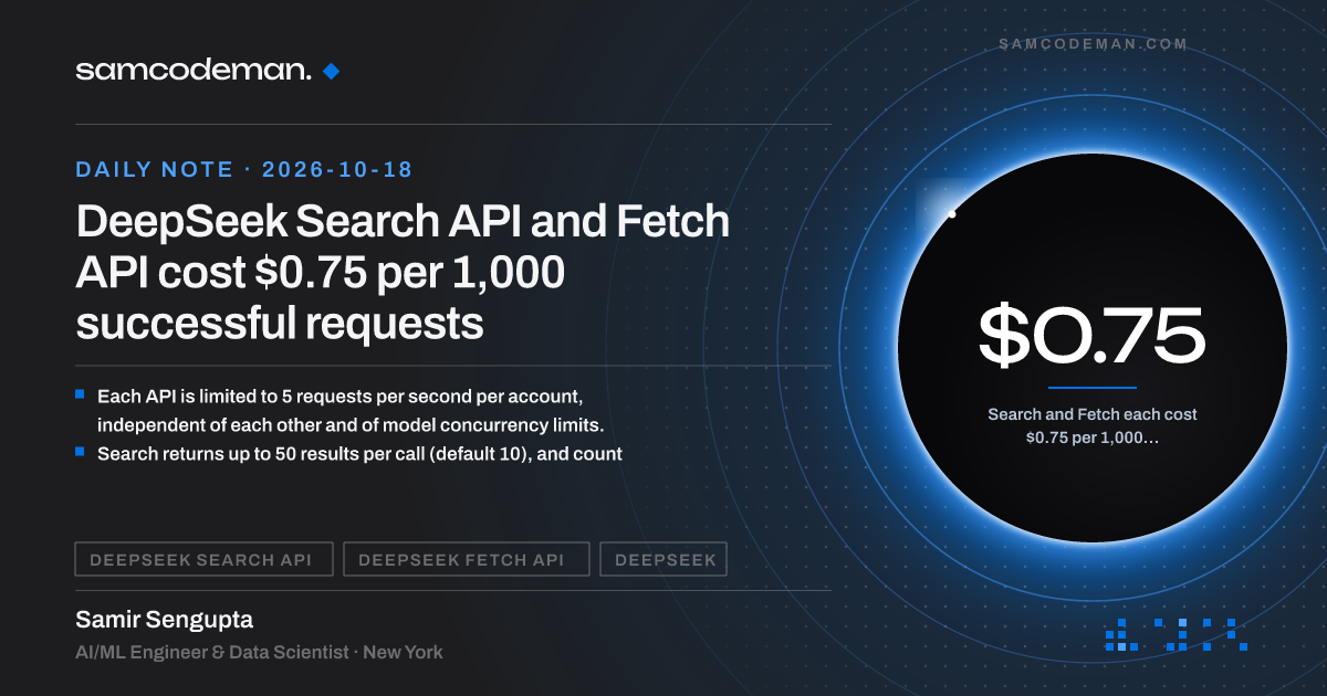DeepSeek Search and Fetch APIs priced at $0.75 per 1,000 successful requests with a 5 QPS limit
