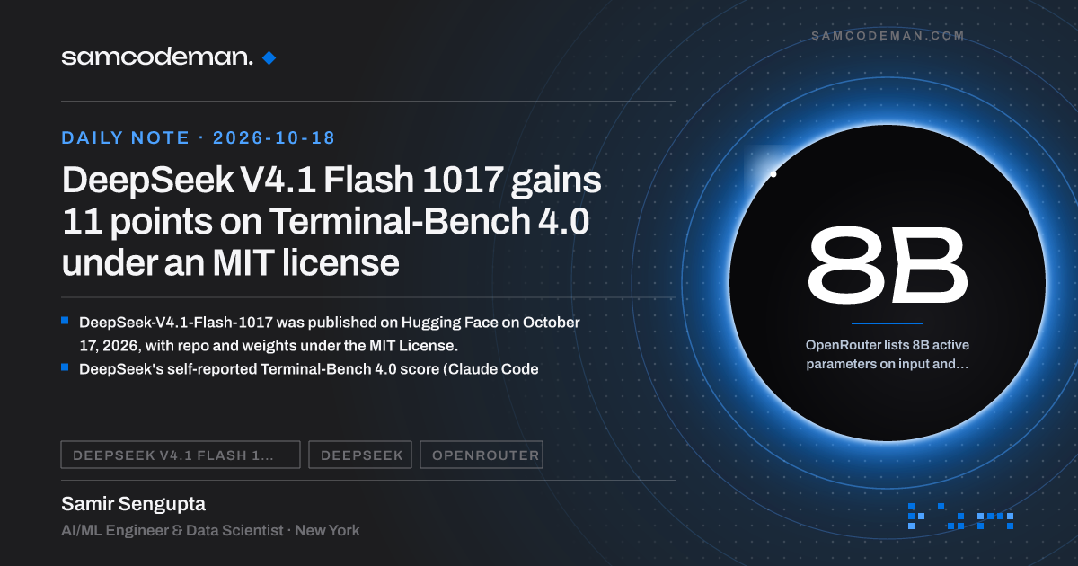 DeepSeek V4.1 Flash 1017 benchmark table showing Terminal-Bench 4.0 rising from 31.2 to 42.3, with MIT license noted