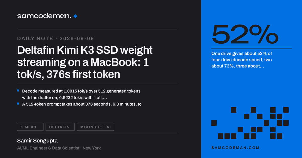 MacBook Pro with four external SSDs streaming Kimi K3 expert weights at 1 tok/s, 376s to first token