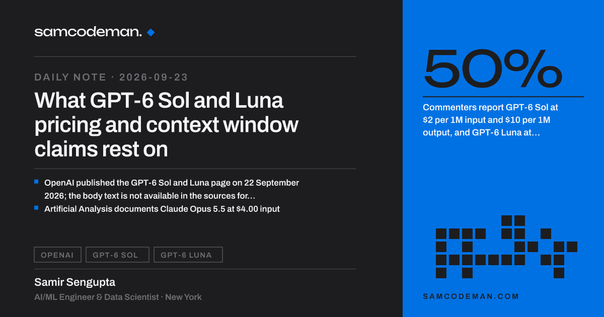 GPT-6 Sol and Luna token prices and 1M context window marked as commenter-reported, not confirmed