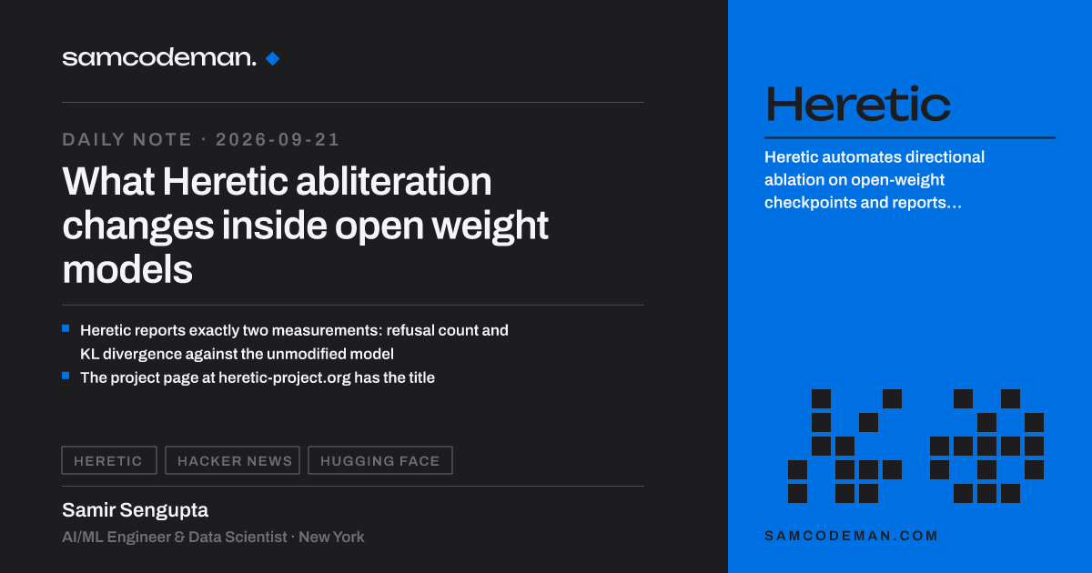 Heretic abliteration pipeline reporting refusal count and KL divergence for an edited open weight model