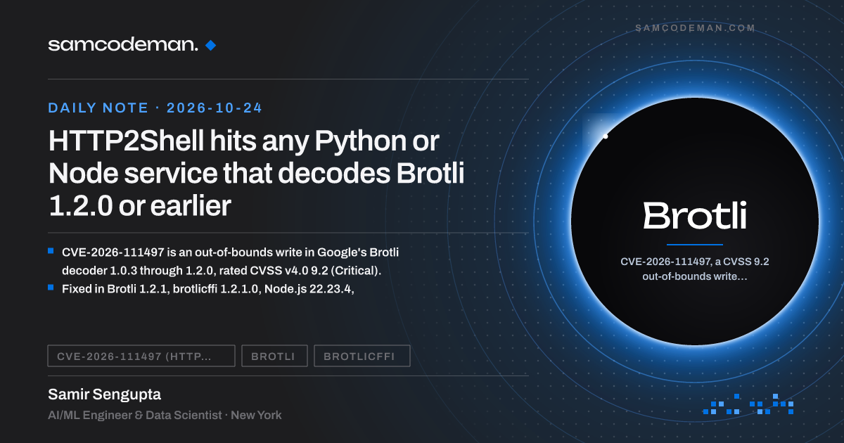 HTTP2Shell: Brotli decoder flaw CVE-2026-111497 reaching Node.js, Python HTTP clients, Bun, Envoy and Istio