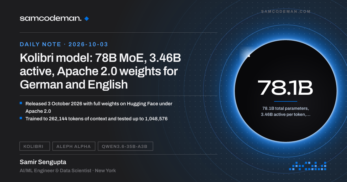 Aleph Alpha's Kolibri German-English MoE model: 78.1B total, 3.46B active parameters, Apache 2.0 weights