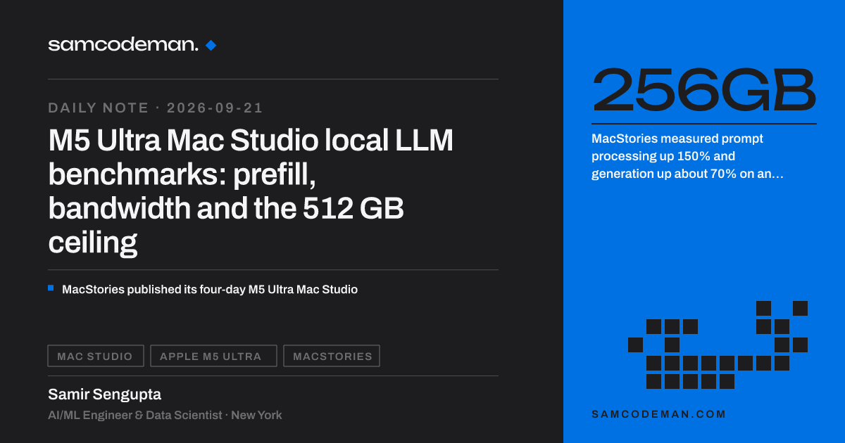 M5 Ultra vs M3 Ultra vs RTX 5090 local LLM speeds: prefill up 150%, bandwidth 1.2 TB/s, 512 GB cap