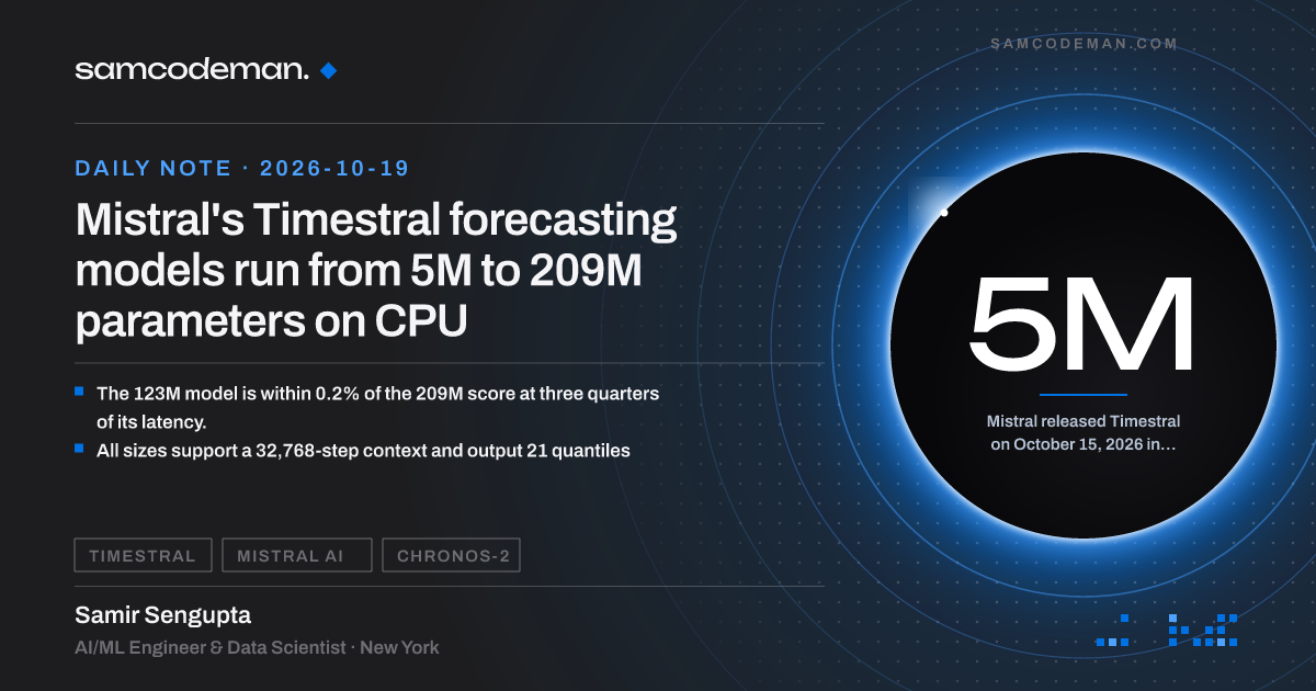 Mistral's Timestral time-series models, 5M to 209M parameters, forecasting on CPU in 10 to 140 ms