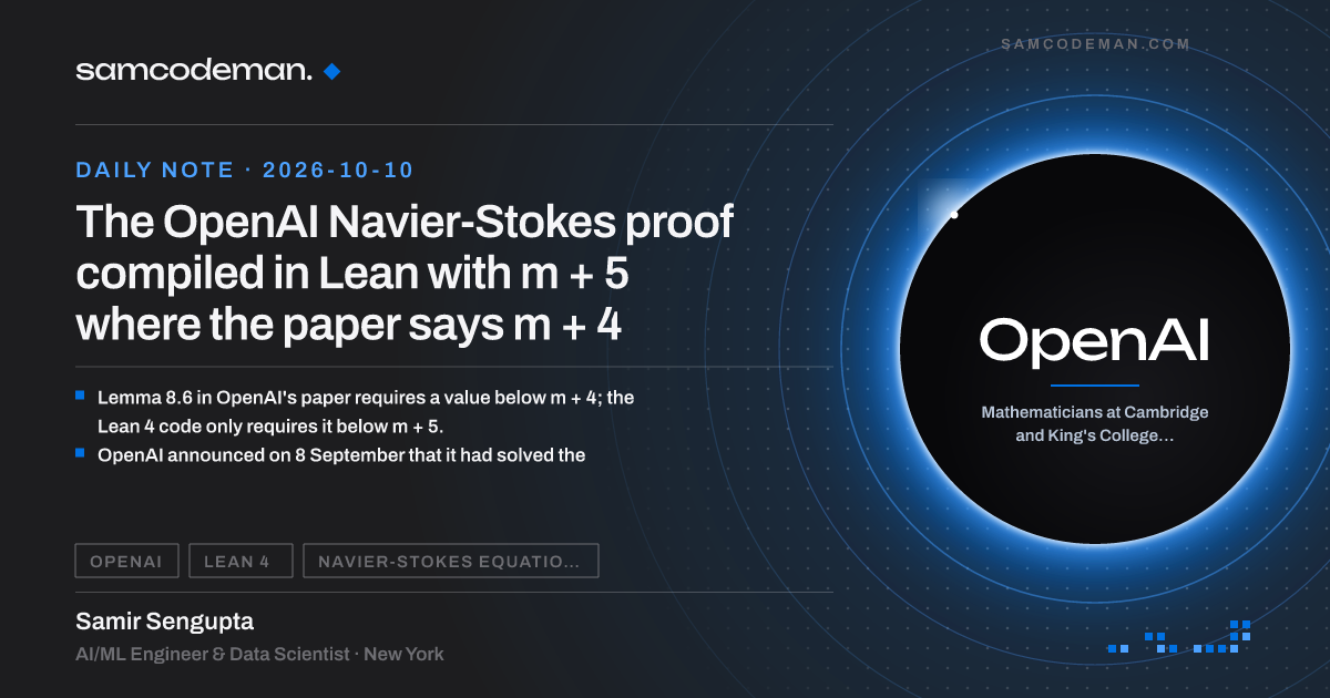 OpenAI Navier-Stokes proof: Lean code bounds Lemma 8.6 by m + 5 while the paper states m + 4