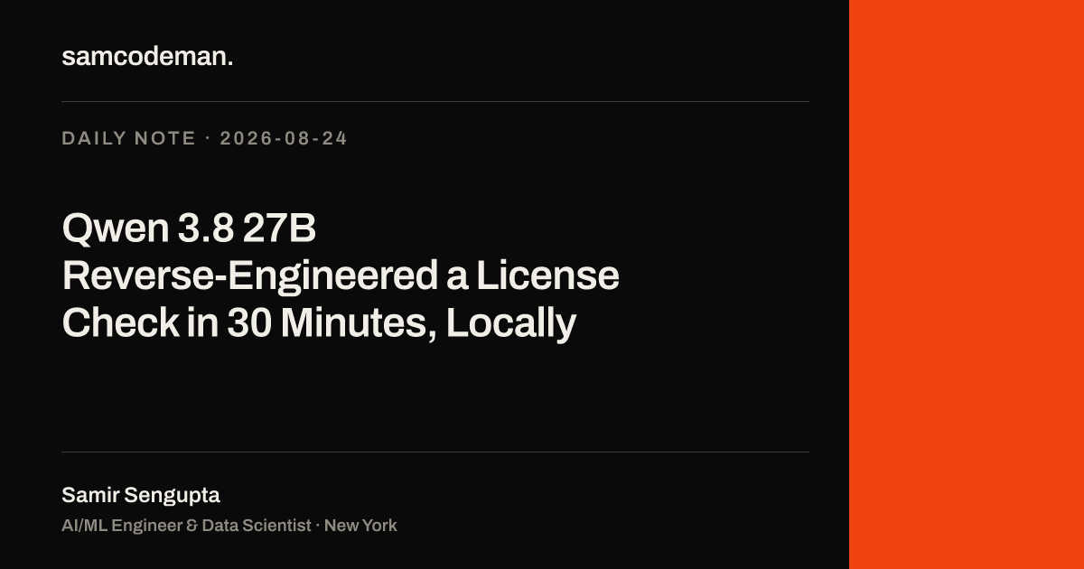 Qwen 3.8 27B running on a GB10 workstation, disassembling arm64 code to recover a license key