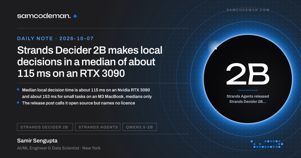 Strands Decider 2B, a local 2B decision model, picking an option in about 115 ms on an Nvidia RTX 3090